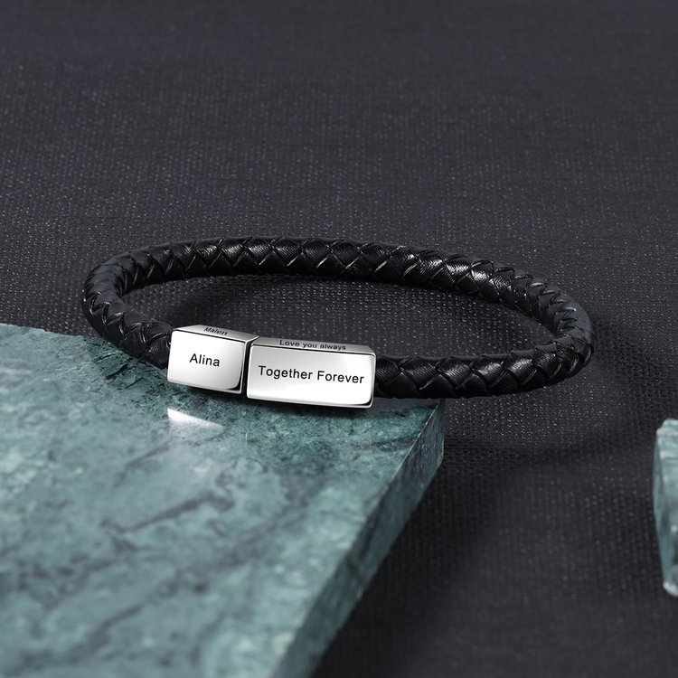 Pulsera personalizada con nombre para hombre, pulseras de cuero negro para  hombres con nombre, pulsera de cuentas personalizadas con piedra natal